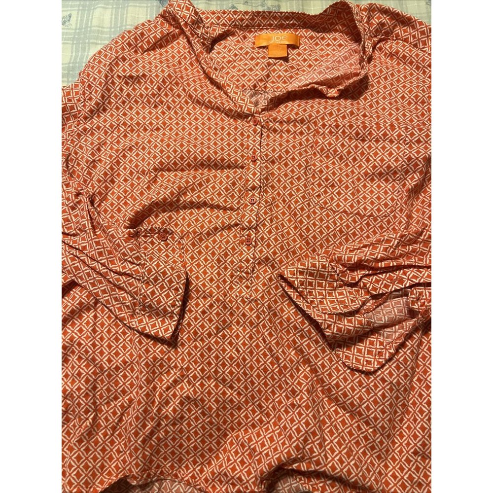 Joe Fresh Women's Orange Geometric Cotton Long Sleeve Button-Up Shirt Top XL